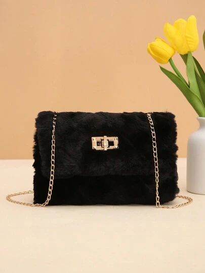 Furry Material Crossbody Bag, Women's New Versatile Chain Shoulder Bag, Furry Fluffy Lock Small Square Bag, Perfectly Matching With Fall Outfits Women