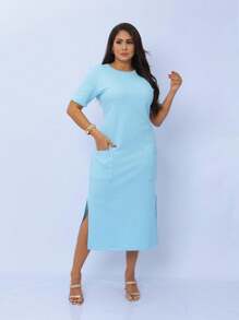 Midi Sweatshirt Dress With Front Pockets - Stylish And Modern | Fashion 2024 - 淺藍色 - 查看 6