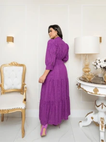 Long Dress With Long Sleeves Lese Cotton Mesh Social Party - 玫瑰紅 - 查看 3