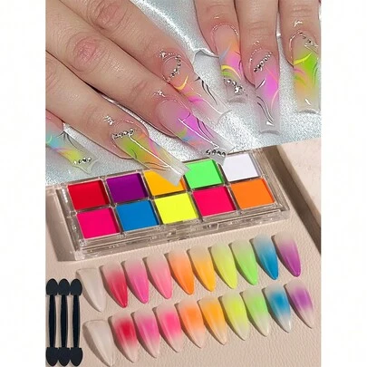 10 Colors Solid Gradient Nail Art Powder Set, Pink Blue Purple Yellow Dust Gradient Blush Nail Art Effect Cute Dopamine Decoration With 3 Pcs Eyeshadow Brush Nail Powder Set Nail Salon DIY Nails