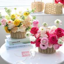 Mother's Day Handmade Flower Basket Rice Rattan Bamboo Bouquet Flower Basket Fruit Basket Flower Art Training Flower Arrangement Materials Outdoor Decor - Small Oval Flower Basket With Rice Rattan Handle - View 2