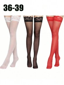 3Pairs Women's Hold-Up Stockings Black White Red Thigh Highs With Anti-Skid Narrow Lace Top Ladies Sexy Comfortable Sheer Knee High Stocking Tights Gifts For Women Girls Supplies