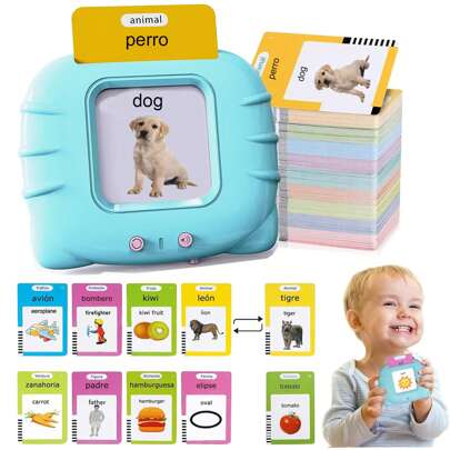 Tarjetas didácticas bilingües en español e inglés con sonido para decoración navideña. Juguetes educativos Montessori para que los niños pequeños aprendan pronunciación y entrenamiento del habla. Incluye 224 palabras comunes con efectos de sonido sobre temas de la vida como familia, animales, vehículos, necesidades diarias, alimentos, frutas y verduras, naturaleza, colores y formas. Un regalo ideal para el cumpleaños de los niños pequeños.