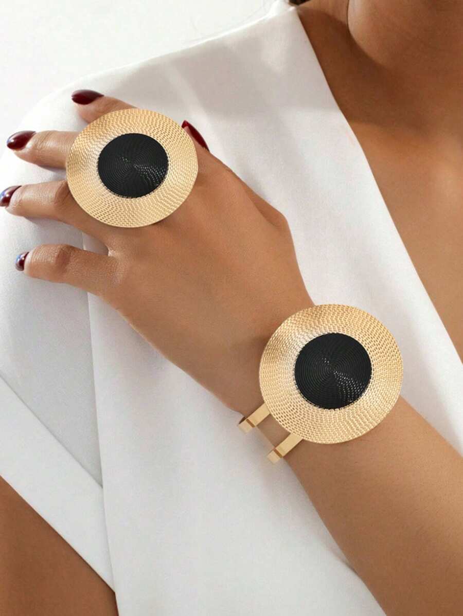 2 件套朋克风格超大手链和戒指套装 - 金黃色 - 查看 1