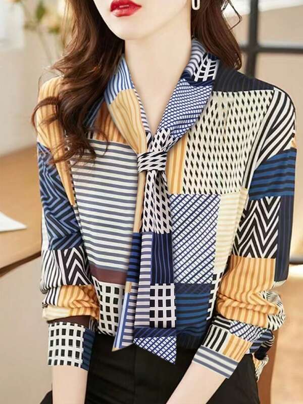 Women's Spring Autumn New Blouse, Ribbon Decor V-Neck Shirt, Asymmetrical Digital Print Long Sleeve Blouse, Suitable For Daily Casual, Commuting, Outdoor Wear