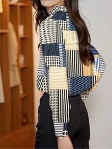 Women's Spring Autumn New Blouse, Ribbon Decor V-Neck Shirt, Asymmetrical Digital Print Long Sleeve Blouse, Suitable For Daily Casual, Commuting, Outdoor Wear