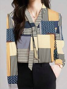 Women's Spring Autumn New Blouse, Ribbon Decor V-Neck Shirt, Asymmetrical Digital Print Long Sleeve Blouse, Suitable For Daily Casual, Commuting, Outdoor Wear