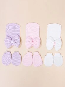 3 件套新生儿 0-3 个月针织蝴蝶结柔软保暖防护可爱休闲蝴蝶结帽子和手套套装适合日常使用 - 彩色 - 查看 4
