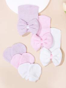 3 件套新生儿 0-3 个月针织蝴蝶结柔软保暖防护可爱休闲蝴蝶结帽子和手套套装适合日常使用 - 彩色 - 查看 2