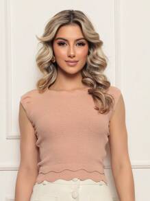 ONLYONE - JAPANESE MODAL SLEEVE CROPPED TOP WITH WAVE DETAIL HEM - SHEIN FIMINAS TOPS KNIT TOPS - 藕粉色 - 查看 4