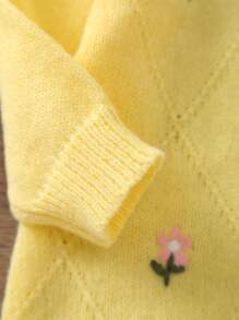 Baby Girl Floral Embroidered Long Sleeve Casual Knit Jumpsuit, Autumn/Winter - Yellow - View 4