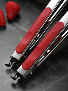 Stainless Steel Fried Food Tongs With Red Handle, Bread Clamp, Barbecue Steak Tongs, Baking Clip For Parties, Home, Restaurant, Outdoor Camping, Grilling