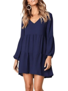 Women's Plain Dress, Long Sleeve Ruffle Dress - 藏蓝色 - 查看 2