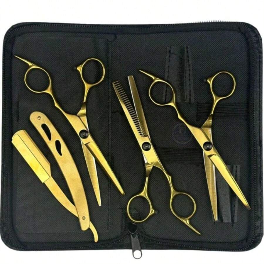 Kit Of 3 Professional Scissors With Razor Edge And Colored Thinning Shears - Dorado - Ver 1