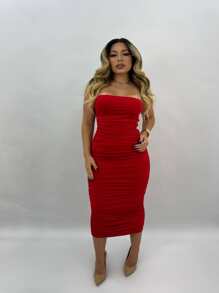 Draped MIDI Dress, Adjustable, Strapless, Suplex, Without Elastex Cups - Đỏ - Xem 1