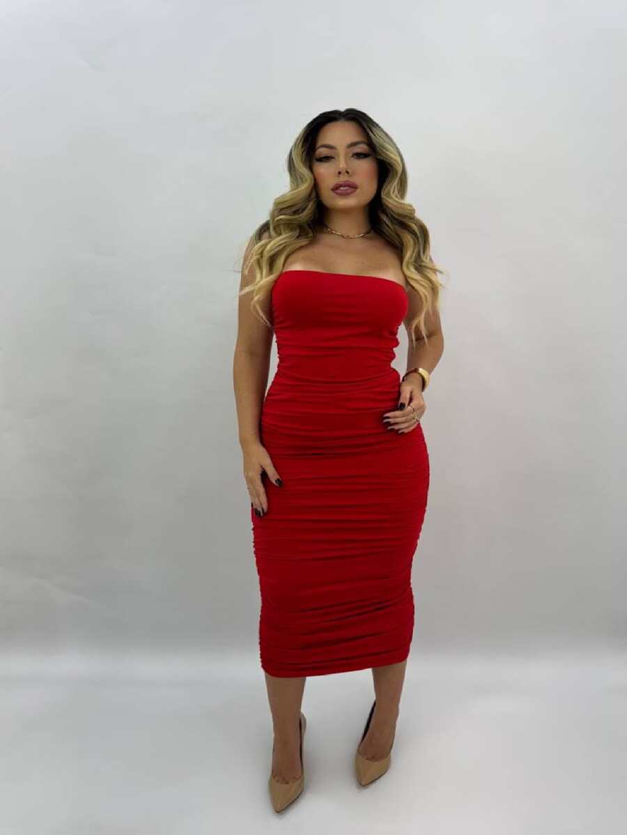 Draped MIDI Dress, Adjustable, Strapless, Suplex, Without Elastex Cups - Đỏ - Xem 1