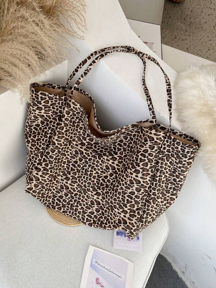 Large Capacity Foldable Leopard Print Open Top Tote Bag Minimalist Hobo Bag Suitable For Women Shopping Work Commute Casual Outing And Daily Use Trendy Cheetah Print Bag For Women Leopard Comeback SHE...