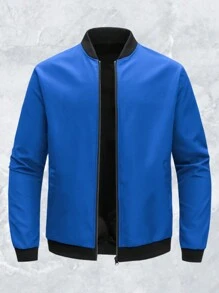 Casual Outdoor Sports Stand Collar Baseball Jacket, Solid Color Zipper Windbreaker, Great For Father's Day Spring - Royal Blue - View 3