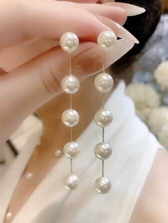 1 对女士优雅珍珠链式吊坠耳环、仿珍珠线性耳环、珍珠流苏吊坠耳环、两种佩戴方式设计的耳环、珍珠耳钉、前后式耳环、珍珠耳夹、新娘婚礼珍珠耳环