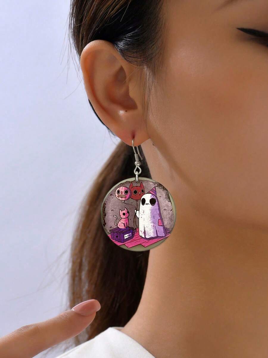 1 Cặp Acrylic Hoạt Hình Dễ Thương Halloween Hài Hước Hiphop Hồng Bông Tai Hình Tròn Ma Bóng Bay Mèo Gothic Y2K Tiệc Lễ Hội Phụ Kiện Quà Tặng Ngày Cho Bạn Gái - Nhiều màu - Xem 1