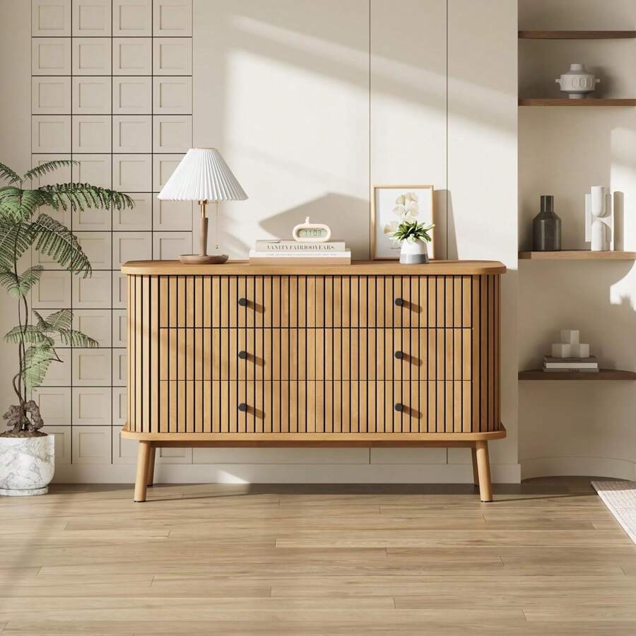 Cómoda de 6 cajones, cómoda bohemia de madera - Cómoda con 6 cajones para dormitorio, sala de estar, pasillo, entrada, ahorro de espacio, fácil montaje, natural - Marrón - Ver 1