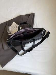 low tea 1 件女士纯色尼龙面料手提包，休闲学院风，大容量书包，拉链封口，多个口袋，双手柄，适合青少年、大学生、办公室女士、旅行、购物、约会、礼物 - 黑色 - 查看 8