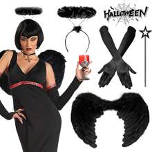 Bộ 4 món/Bộ phụ kiện hóa trang Halloween Thiên thần đen/Áo đỏ, Cánh thiên thần, Thiên thần sa ngã, Quầng sáng, Đũa phép, Găng tay dài bằng vải satin, Sừng quỷ, Băng đô, Đinh ba, Nhị nguyên huyền bí cho Halloween, Phụ kiện hóa trang cho tiệc hóa trang người lớn, Dạ hội - Nhiều màu - Xem 14