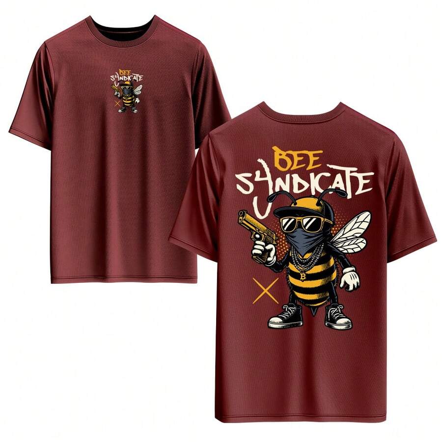 Unisex 100% Cotton T-Shirt With Front And Back Print "BEE SYNDICATE" Streetwear With Round Neck. - 紅色 - 查看 1