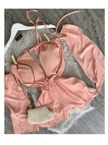 Fashion Long Sleeve Jumpsuit - 珊瑚粉 - 查看 2