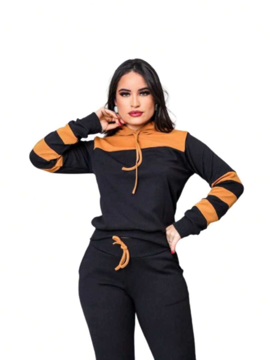 Women's Set Crepe Top And Pants Long Sleeve Sweatshirt - 駝色 - 查看 1