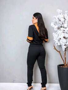 Women's Set Crepe Top And Pants Long Sleeve Sweatshirt - 駝色 - 查看 2