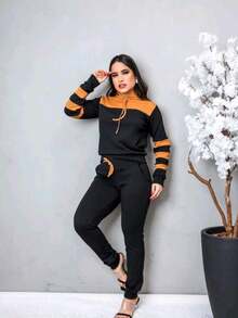 Women's Set Crepe Top And Pants Long Sleeve Sweatshirt - 駝色 - 查看 3