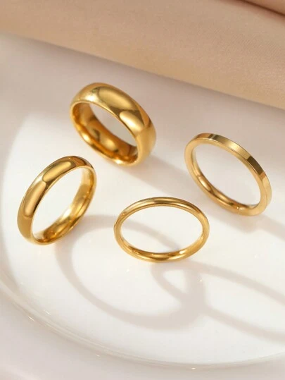 4pcs Stainless Steel Gold-Yellow Fashionable And Simple Smooth Ring Set That Can Be Worn By Both Men And Women, Suitable For Neutral Daily Decoration Or Gift Giving, Finger Size 6 To 13