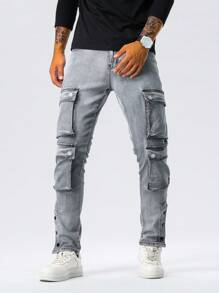 Multi-Pocket Cargo Jeans, Flared Leg Denim Pants For Men, 4-Seasons Wear - Black - View 1