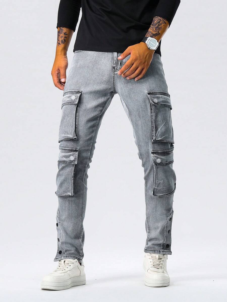 Multi-Pocket Cargo Jeans, Flared Leg Denim Pants For Men, 4-Seasons Wear - Black - View 1