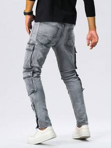 Multi-Pocket Cargo Jeans, Flared Leg Denim Pants For Men, 4-Seasons Wear - Black - View 4