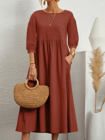 Scacto Lantern Sleeve Round Neck Dress, Solid Color Design, Loose Fit, Can Be Worn Alone Or Layered, Autumn Winter Style