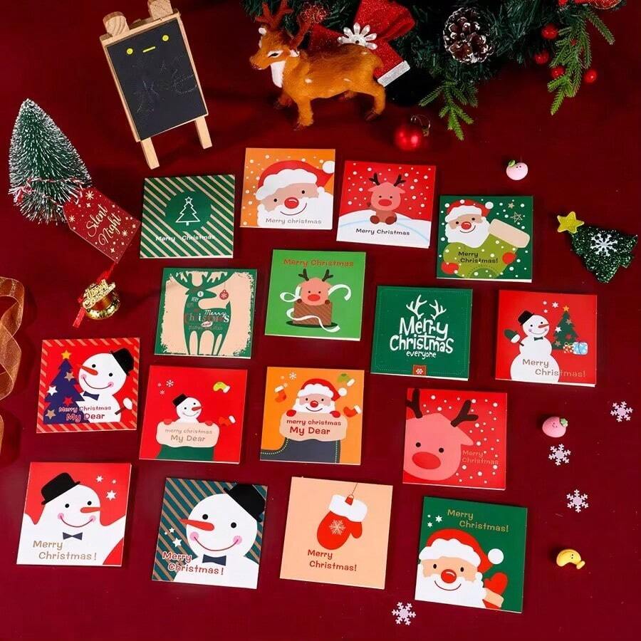 12/16/24 pezzi di biglietti d'auguri casuale di Natale, mini cartoline di auguri natalizie con Babbo Natale in rilievo, incluse le buste, Natale