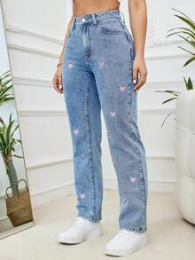 Pantalones vaqueros elásticos de color azul claro con bordado de corazón, suaves y cómodos, con diseño de copos de nieve, de moda casual, adecuados para primavera, verano, otoño e invierno - Celeste - Ver 2