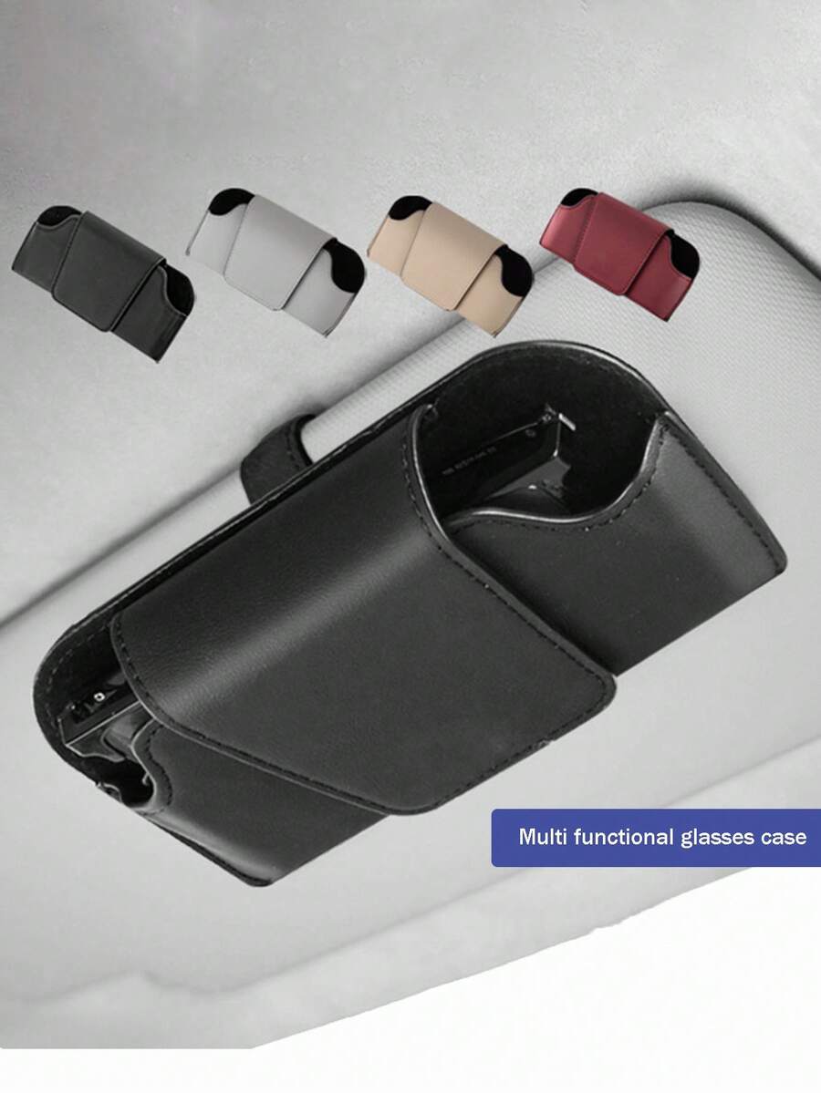 1pc Car Glasses Clip Multi Functional Leather Car Glasses Box Car Glasses Storage Box - one-size - View 1