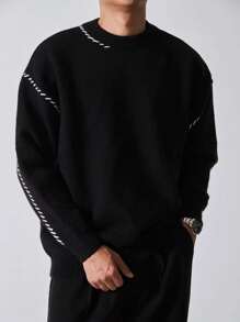 Suéter de punto de cuello redondo de unicolor casual para hombres, con puños de canalé hechos a mano, corte holgado, adecuado para Navidad, Año Nuevo, top de manga larga - Negro - Ver 1