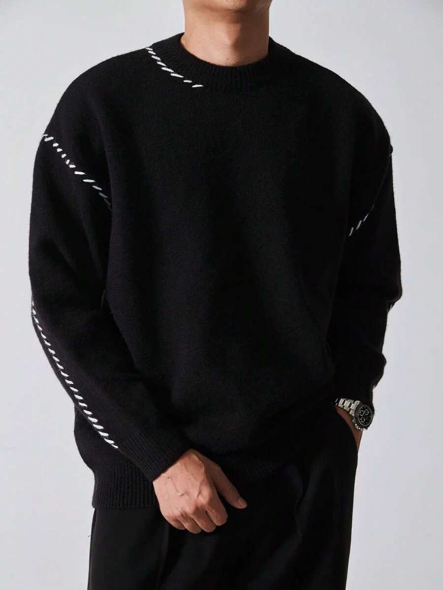 Suéter de punto de cuello redondo de unicolor casual para hombres, con puños de canalé hechos a mano, corte holgado, adecuado para Navidad, Año Nuevo, top de manga larga - Negro - Ver 1