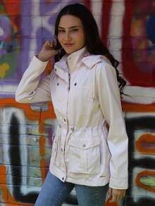 Women's Trench Coat Jacket Windbreaker Waterproof With Detachable Hood - Pink - View 5