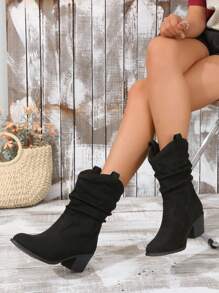 Fall/Winter 2025 Pleated Mid Calf Boots, Western Style Chunky Heel Versatile Casual/Commute Everyday Wear Boots For Women, Suitable For Valentine's Day, Music Festivals, Slip-On,Cowboy Boots - Black - View 1