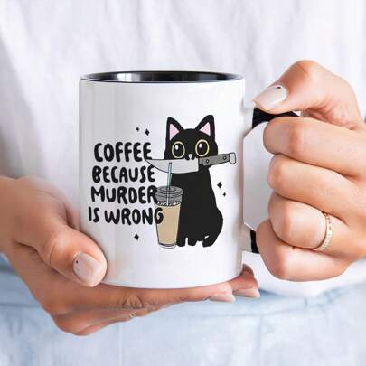 "Reusable Delight" Coffee Because Is Wrong" - Caneca de café de cerâmica de 11 oz com design de gato, reutilizável e lavável na máquina de lavar louças, presente perfeito para amigos, familiares e entes queridos na volta às aulas