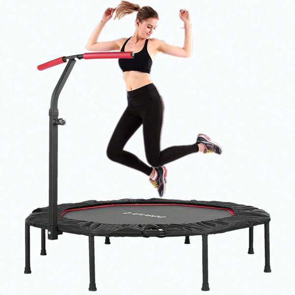 Trampolín de fitness, plegable, 50 pulgadas, 128 cm, con manijas ajustables de 5 altura, suspensión de cordón de goma tranquila, hasta 150 kg, para saltos interiores y exteriores, entrenamiento, reboteador