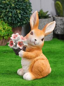 1pc Outdoor Garden Ornaments Solar Powered Resin Craft Rabbit Holding Flower Decoration For Garden - Burnt Orange - View 3