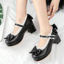 Women Kawaii Mid Block Heel Mary Jane Rockabilly Pumps With Bow Platform Chunky Heel Cute Sweet Shoes Valentines
