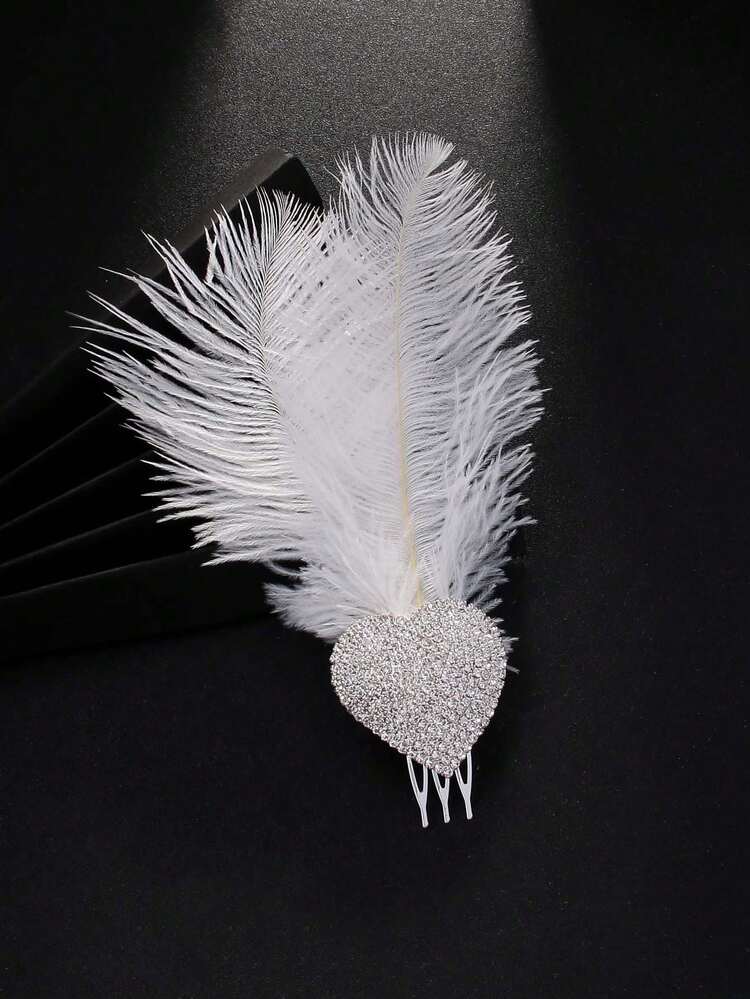 1pc Silver Feather Hair Accessory With Rhinestones And Heart Design, Elegant Hair Band For Women - Silver - View 4