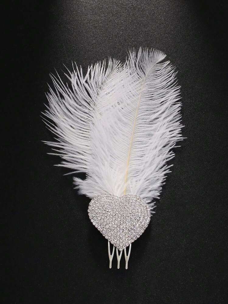 1pc Silver Feather Hair Accessory With Rhinestones And Heart Design, Elegant Hair Band For Women - Silver - View 3